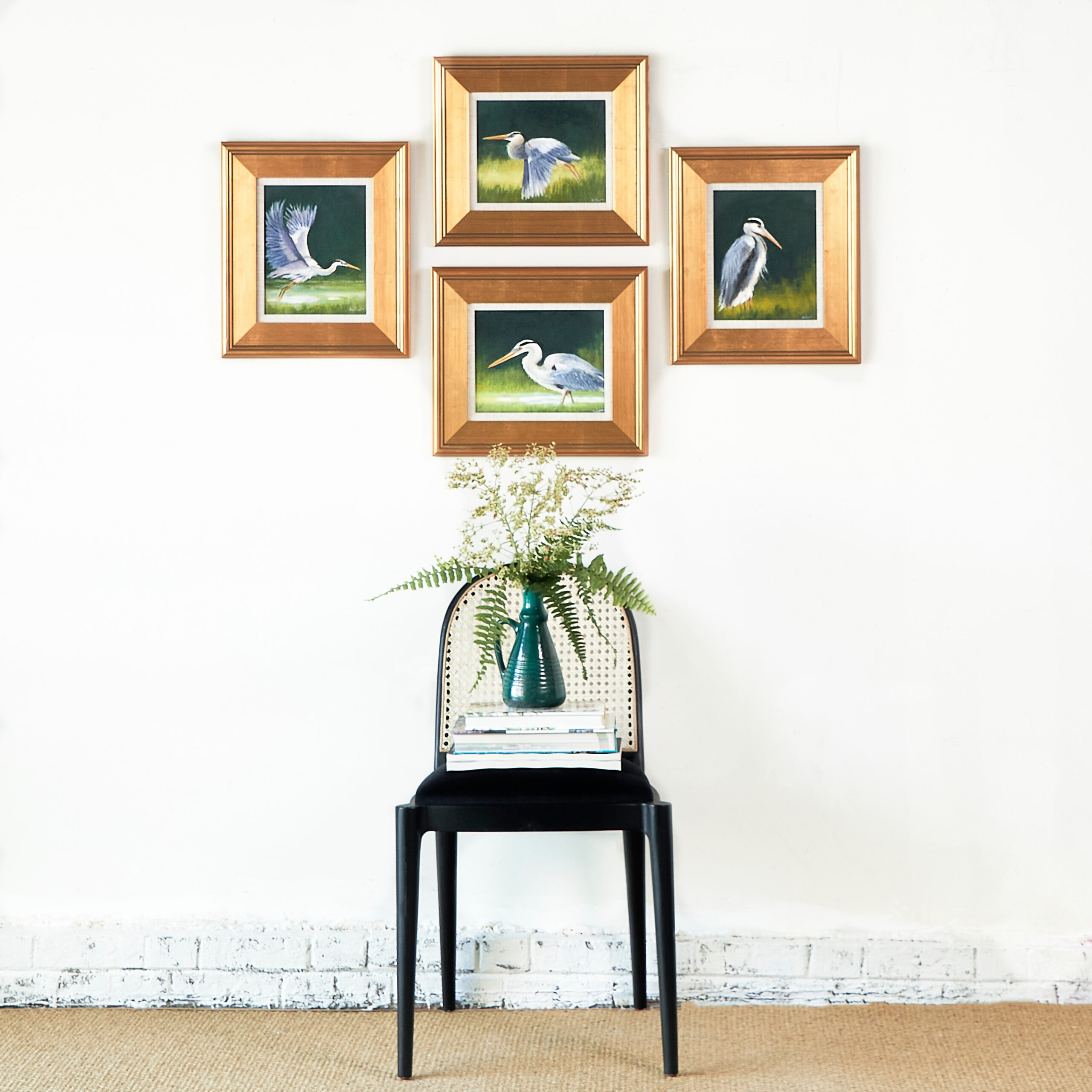 Four Framed Blue Heron Painings Zsuzsi Winn Fine Artist Painter scaled